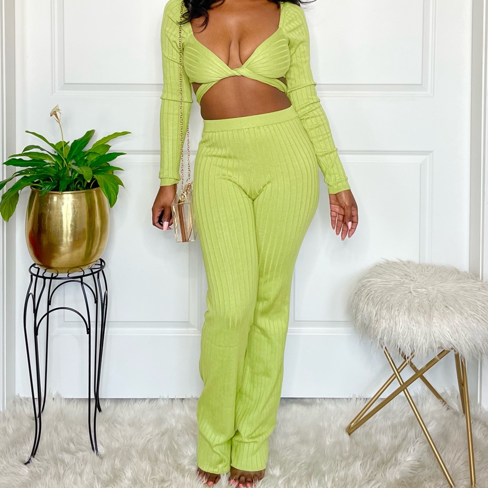 Lime Knit Crop Top Pant Set